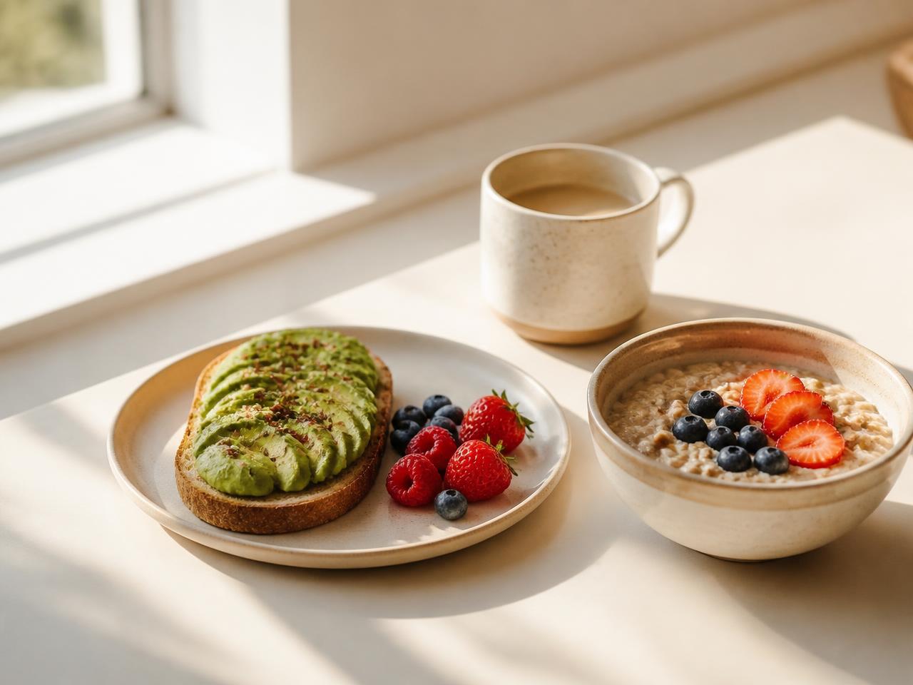 Minimalist healthy breakfast of avocado toast, berries and oatmeal by a window in a soft morning sunbeam