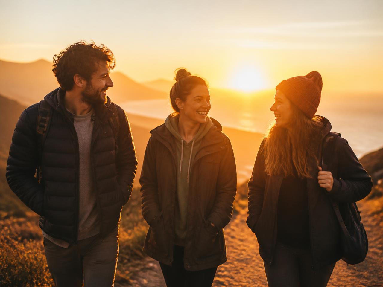Three walkers talking together as warm golden sunlight breaks over the horizon behind them