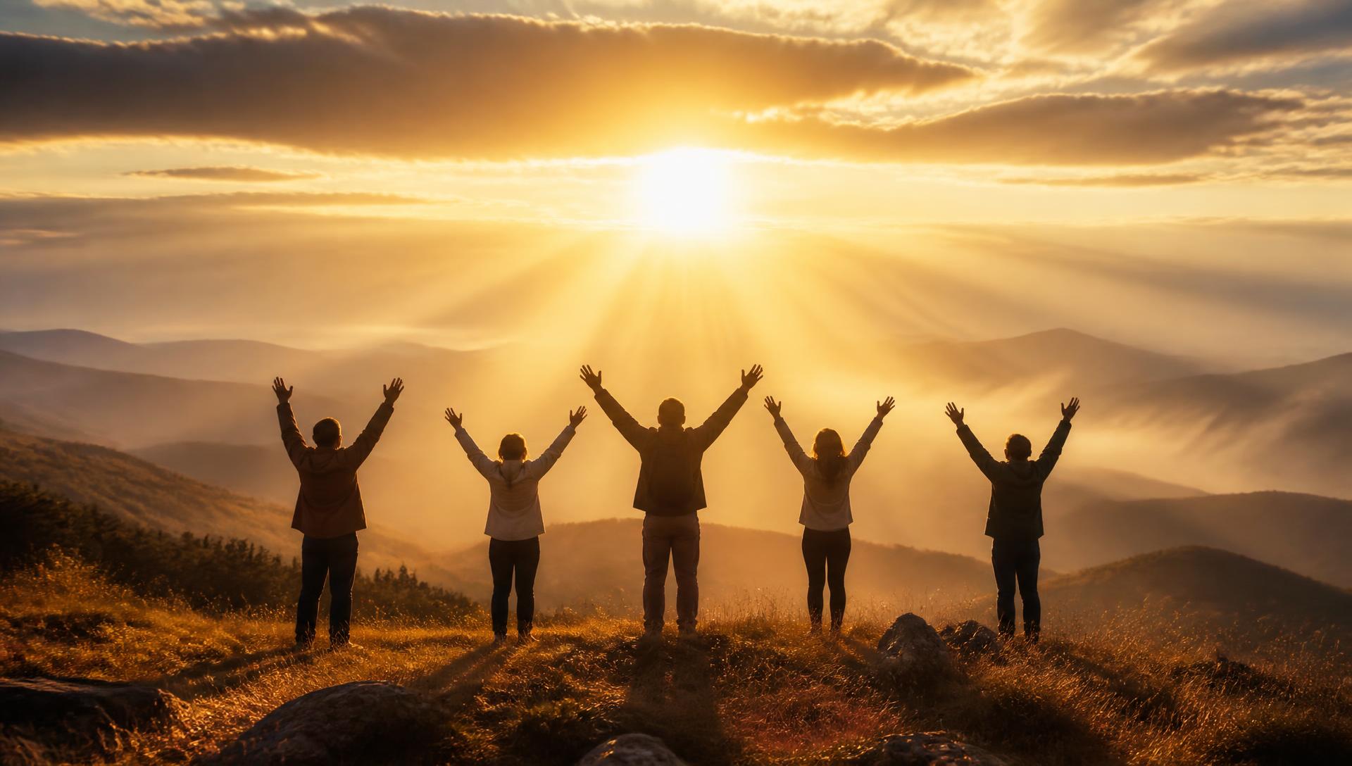 Group of people on a hilltop raising their arms to the rising sun as golden light beams stream past them