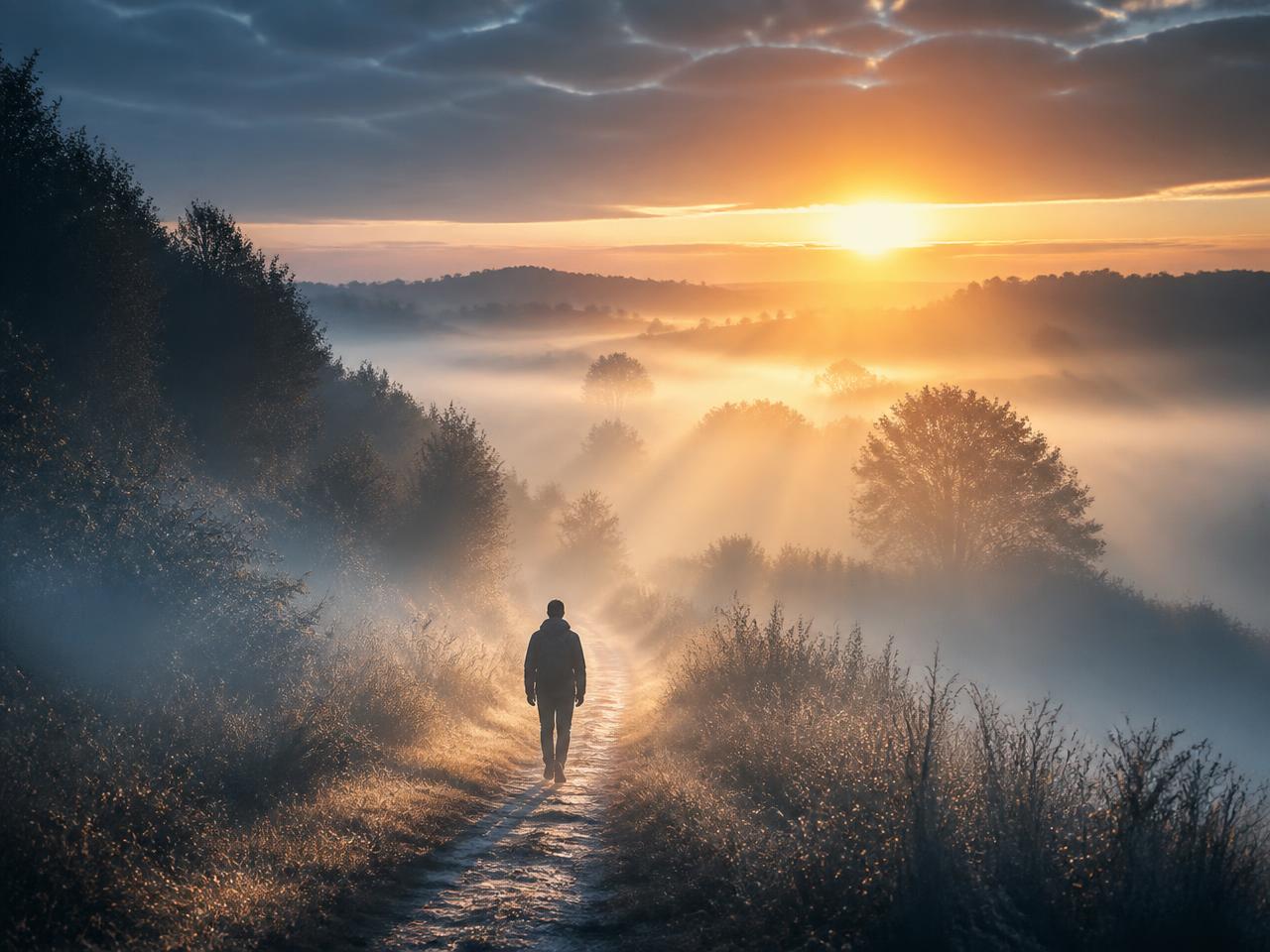 A lone walker on a misty lakeside path bathed in cool silvery blue-hour light before sunrise