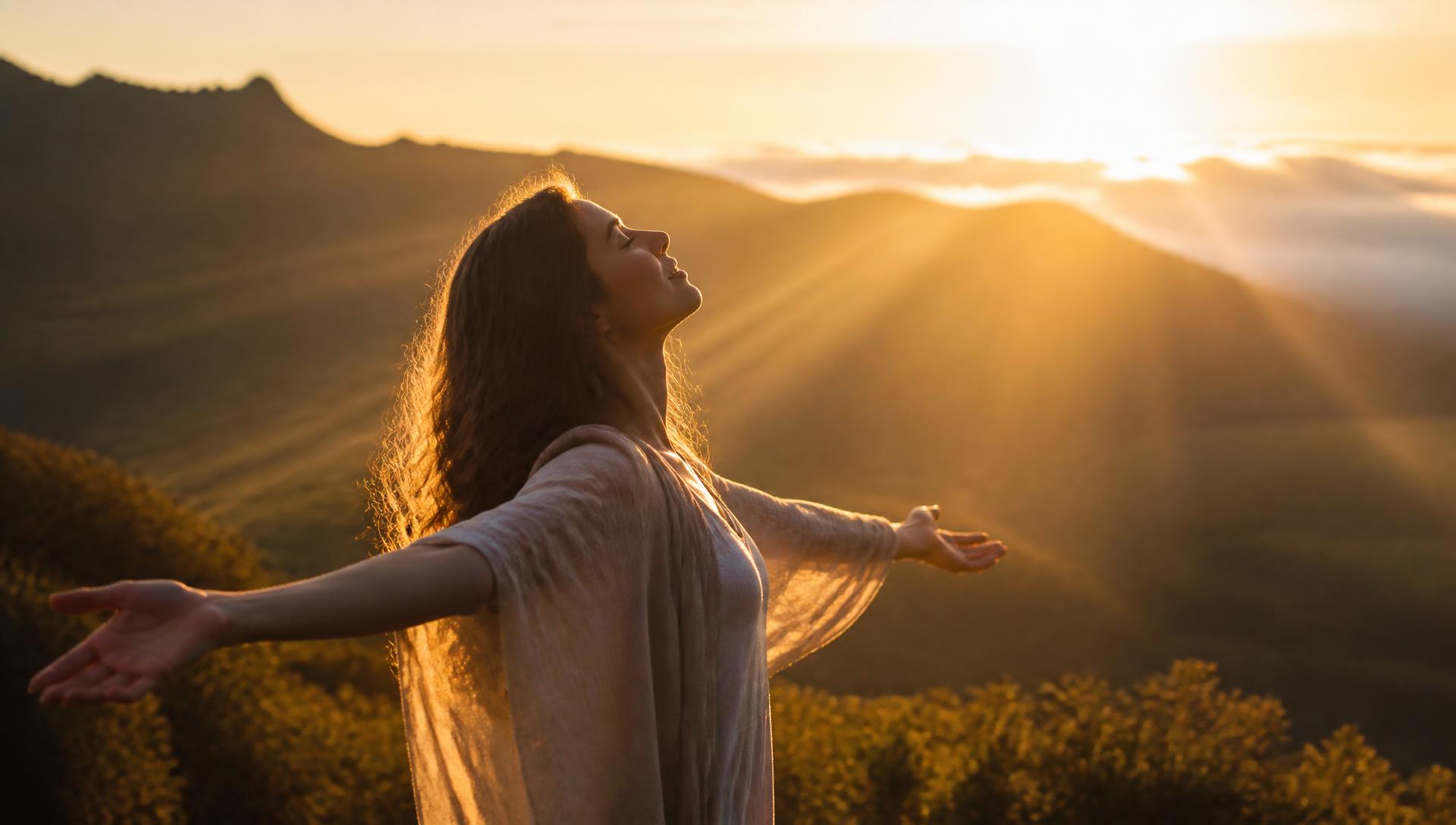 Woman with arms open, face lifted to the sunrise, bathed in streaming golden light